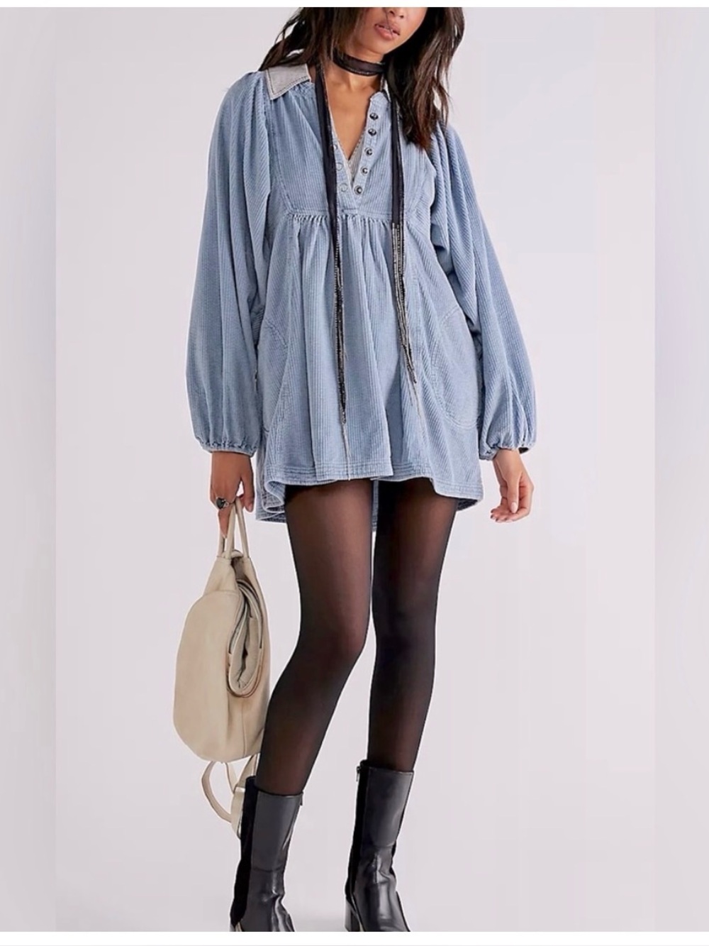 Free People Alana Tunic Mini Dress Blue Wash Corduroy Relaxed Baby Doll Style XS